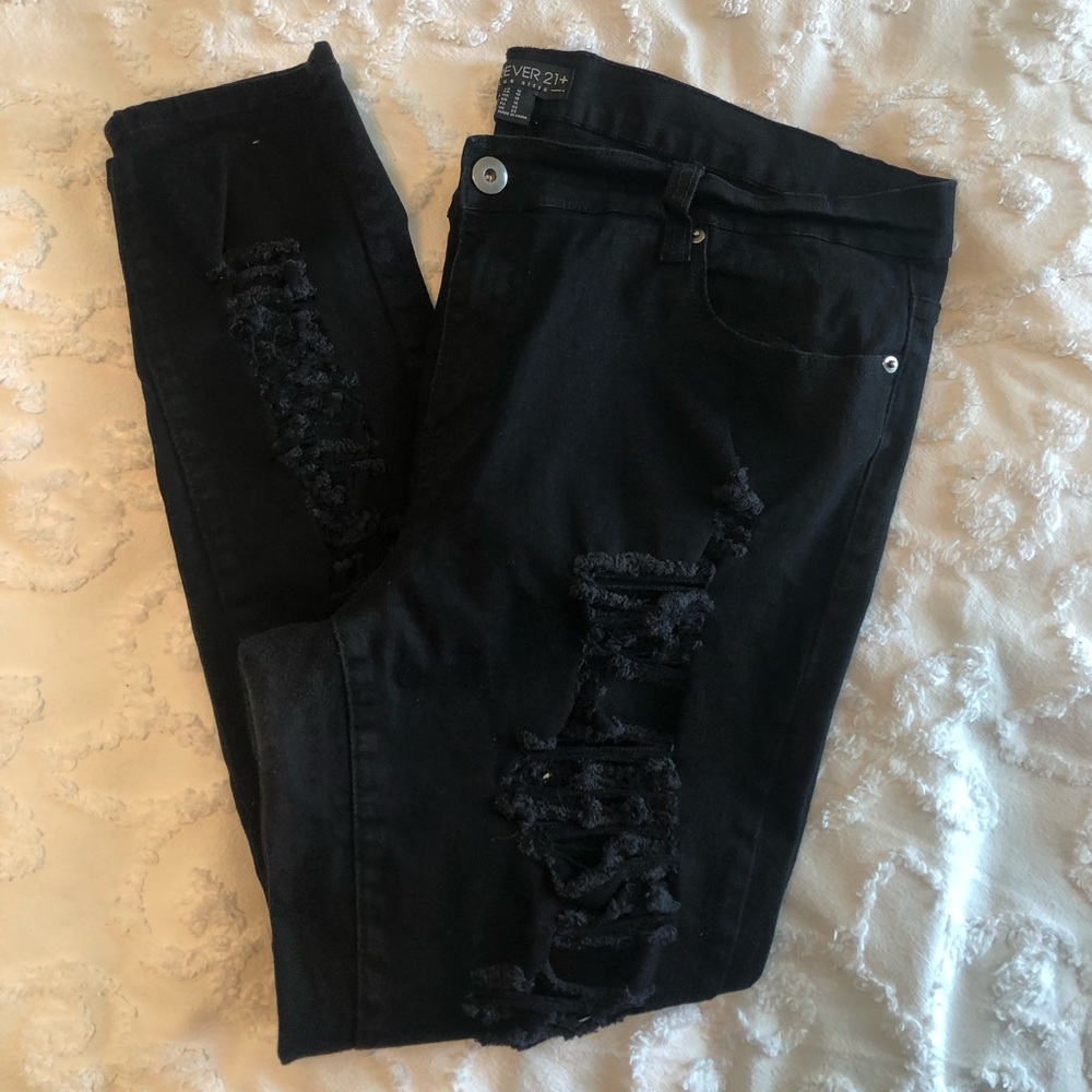 Forever21+ Black Ripped Skinny Jeans (18)